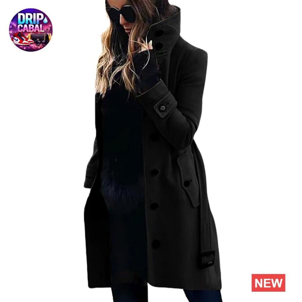 Single Breasted Wool Pea Coat Stand Collar Midi Long Winter Business Casual